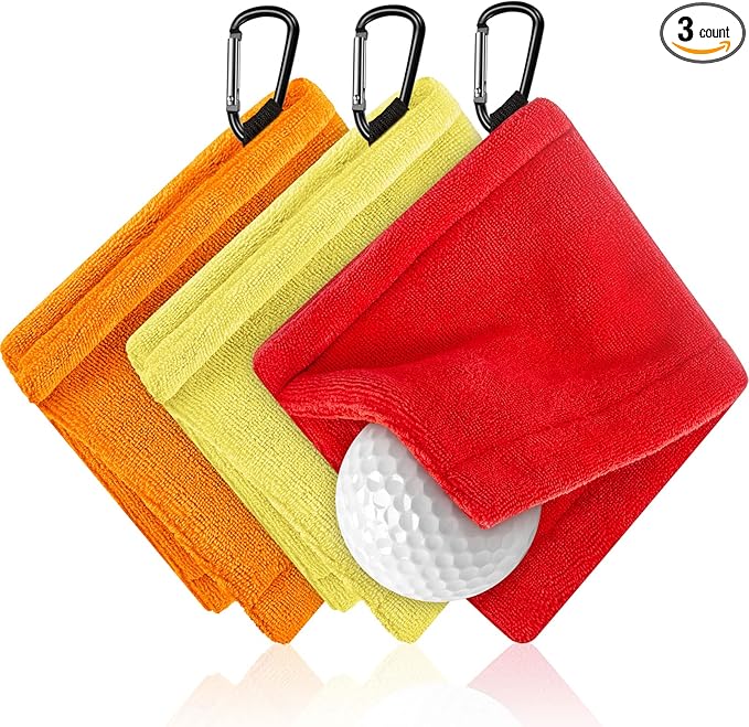 Flutesan 3 Pieces Golf Ball Towel 5.5 x 5.5 Inch, Wet and Dry Small Pocket Towel with D Clip Portable Golf Ball Cleaner Accessories for Men Women Course Exercise