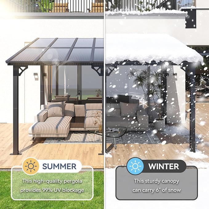 10x14FT Lean to Gazebo Pergola Patio Pergolas withSloped Roof | Large Wall - Image 5