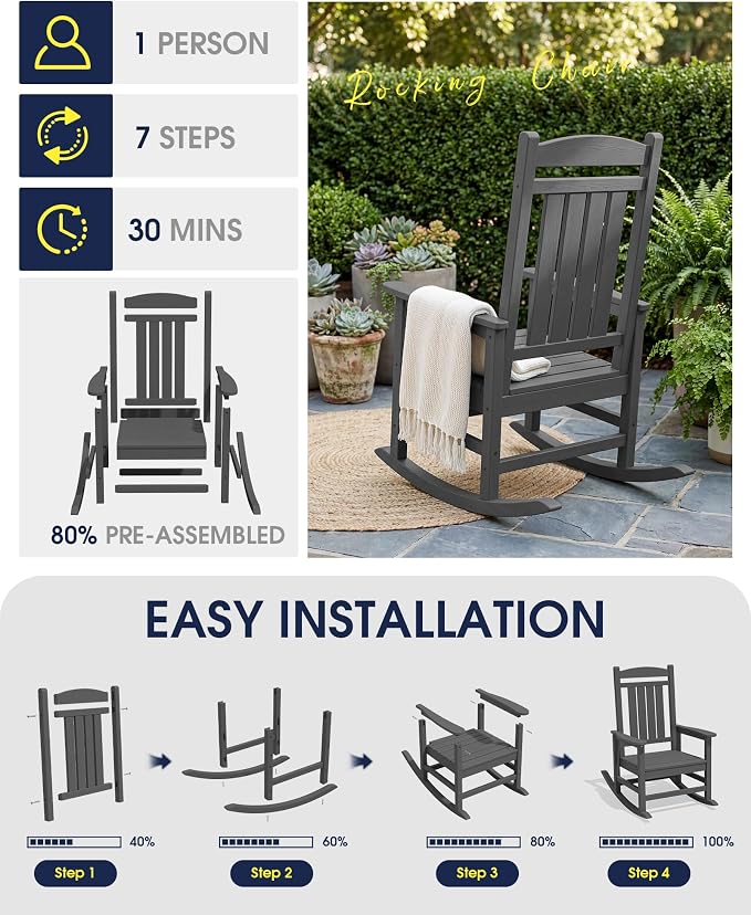 Oversized Outdoor Rocking Chairs Set of 6, HDPE Porch Rockers - Image 8