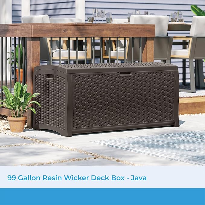 Suncast 99 Gal Wicker Resin Deck Box, Storage Chest Bin - Image 2
