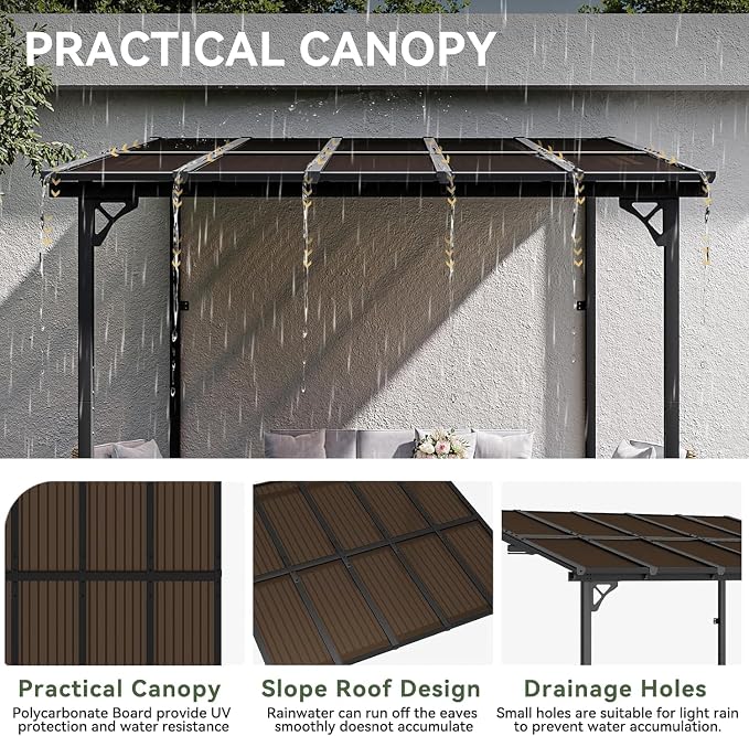Aoxun 8’x10’ Gazebo with Light, Gazebo Pergola with Sloped Roof, Wall Mounted - Image 5