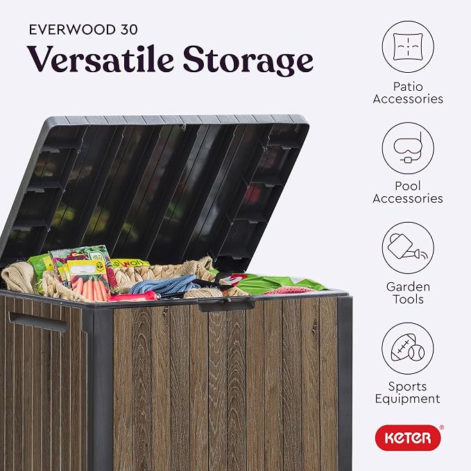 Keter Premium Everwood 30 Gal Outdoor Storage Box and Patio Side Table | Walnut - Image 5