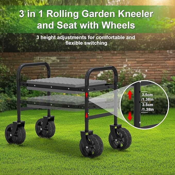 Garden Kneeler and Seat with 360° Wheels: 3-in-1 Rolling Gardning Stool | - Image 3