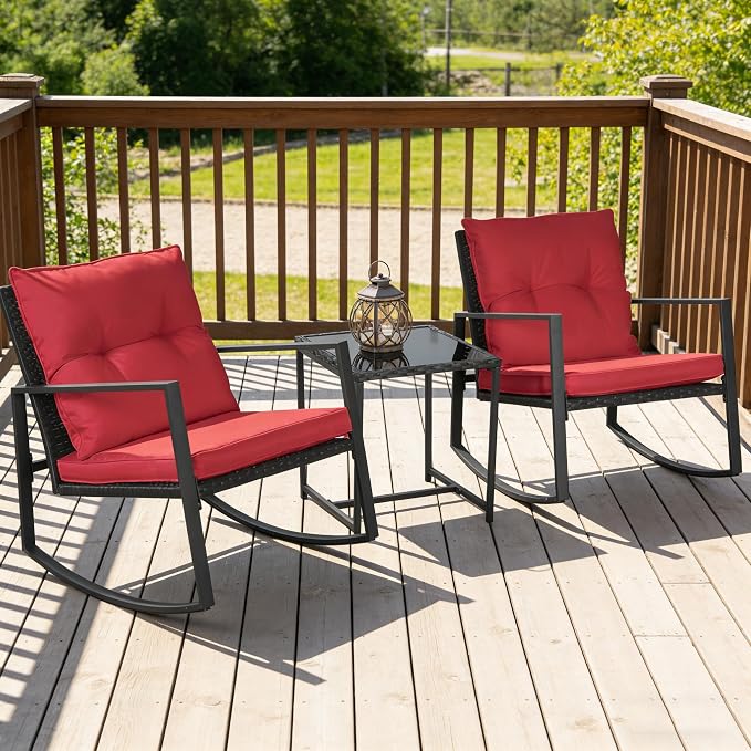 SUNCROWN 3 Piece Outdoor Rocking Bistro Set Black Wicker Furniture Porch Chairs - Image 5