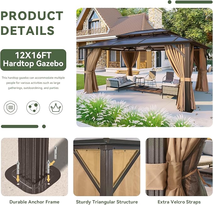 Aoxun 12'x16' Gazebo with Polycarbonate Double Roof, Light Brown | Metal Frame - Image 5