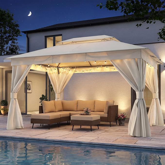 10'x13' Outdoor Gazebo with 50FT String Lights, Metal Heavy Duty Patio Canopy by LAUSAINTHOME