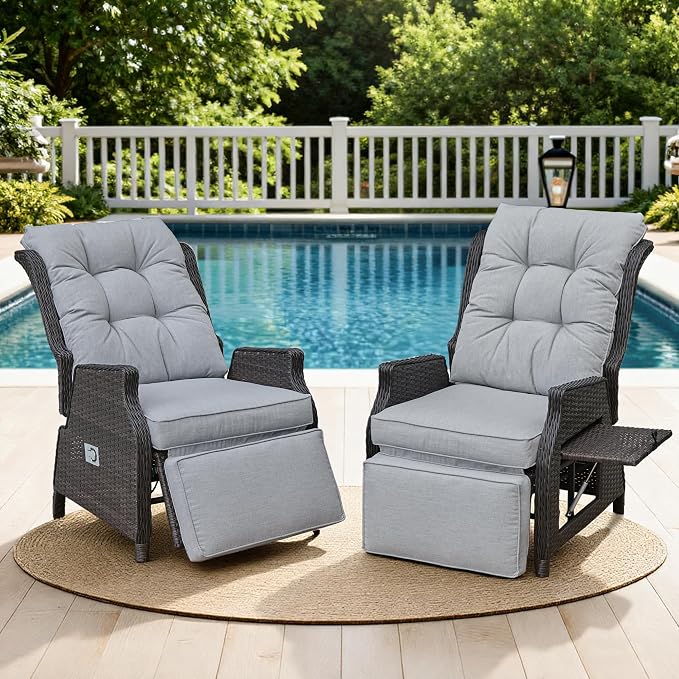 2 Pieces Outdoor Recliner with Adjustable Backrest and Footrest, Light Grey | by COMLAXFIELD