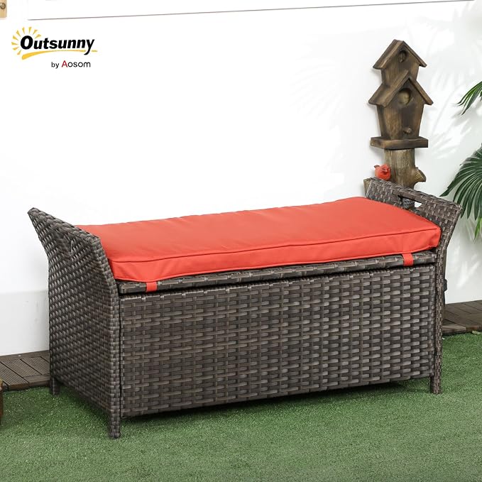 Outsunny 29 Gallon Patio Wicker Storage Bench Outdoor PE Rattan Red | Furniture - Image 2