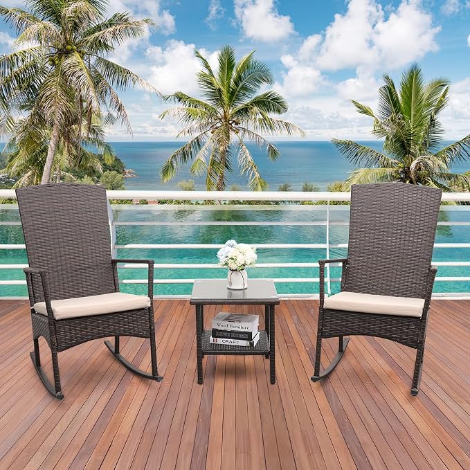 Outdoor HDPE Wicker Rocking Chair 3-Piece Patio Rattan Bistro Set 2 Rocker - Image 3