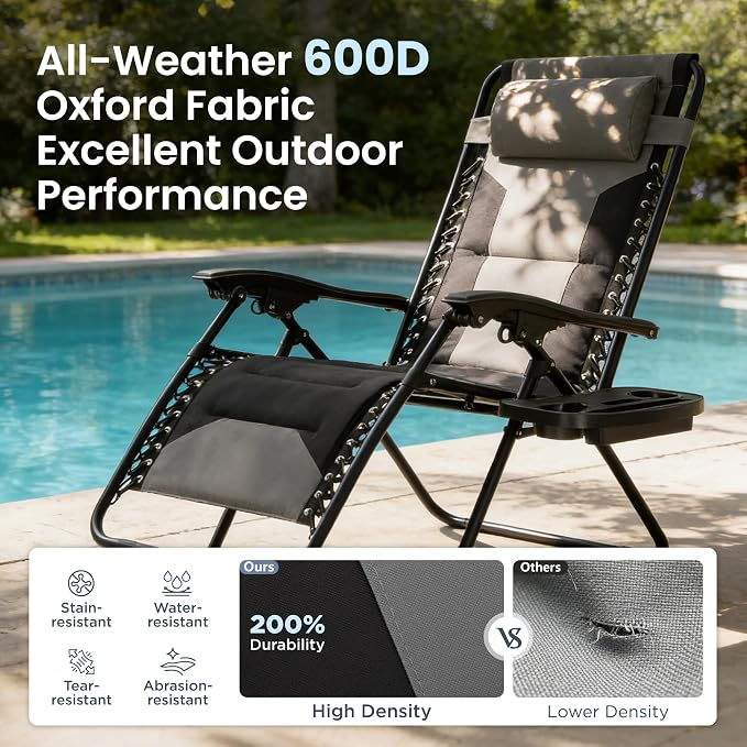 PHI VILLA Padded Zero Gravity Chair Set of 2, Cup Holder, 28in Seat, Supports - Image 6