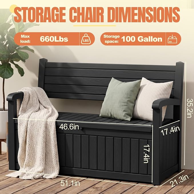 Storage Bench Outdoor Deck Box, 100 Gallon Lockable Patio Furniture | - Image 5
