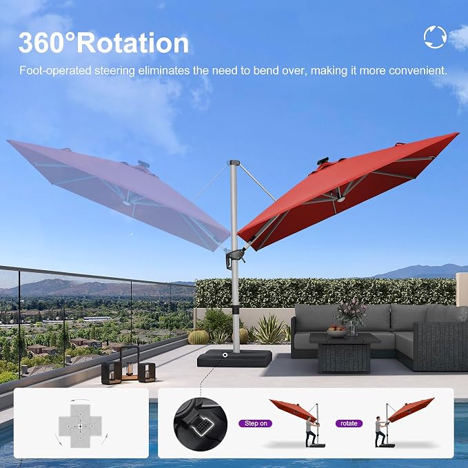 PURPLE LEAF Cantilever Patio Umbrella 9' X 9' Solar LED Light, Brick Red | - Image 4