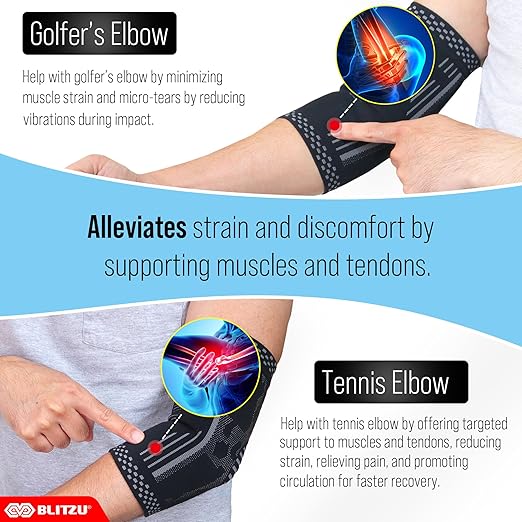 BLITZU Elbow Compression Sleeve for Tendonitis 2 Pack, Tennis Elbow Brace Support for Men and Women Golfers Elbow Pain Relief, Arthritis, Bursitis, Arm Brace for Workout, Weightlifting White L