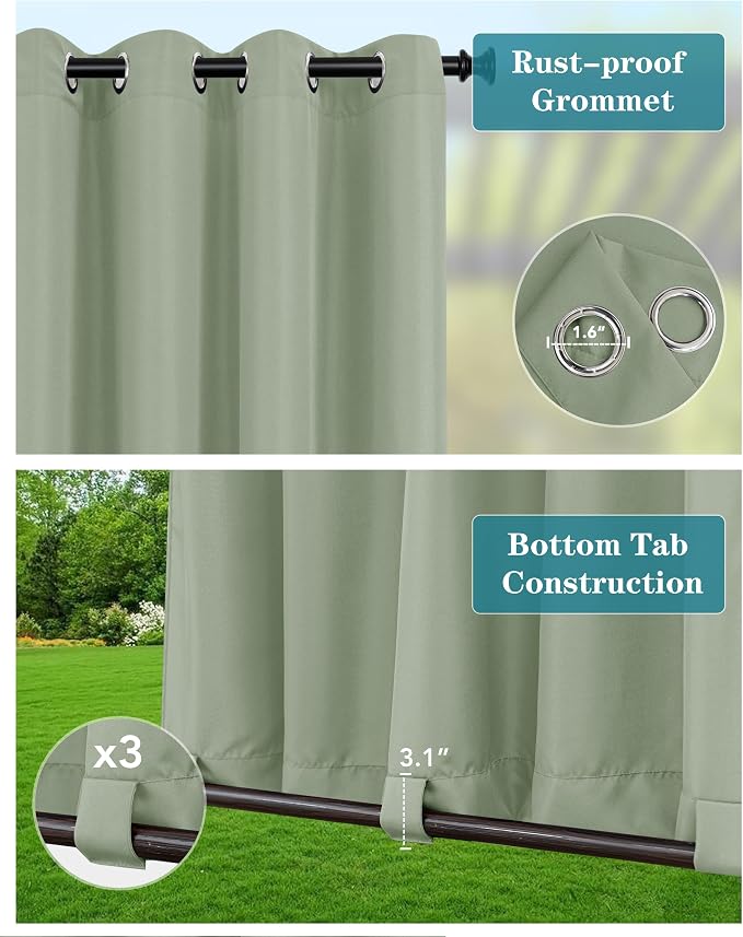 Windproof Outdoor Curtains for Patio Waterproof 4 Pcs 54x95 In Sage Green | - Image 2