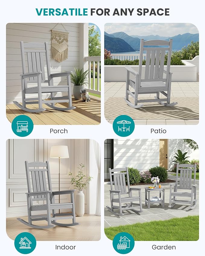 SERWALL Outdoor Rocking Chair Set of 2, Patio Rocking Chair, Light Gray | HDPE - Image 9
