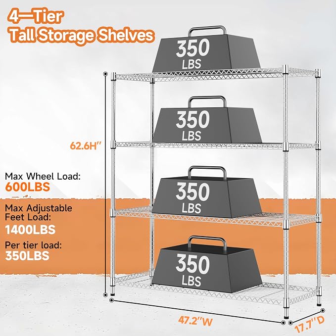 M MZG 4 Tiers Storage Shelves Load 1400LBS, Metal Shelving Wire Metal Shelving - Image 3