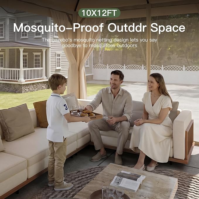 Aoxun 10x12FT Metal Frame Outdoor Gazebo, Khaki | UPF50+ Protection 50×50mm - Image 2