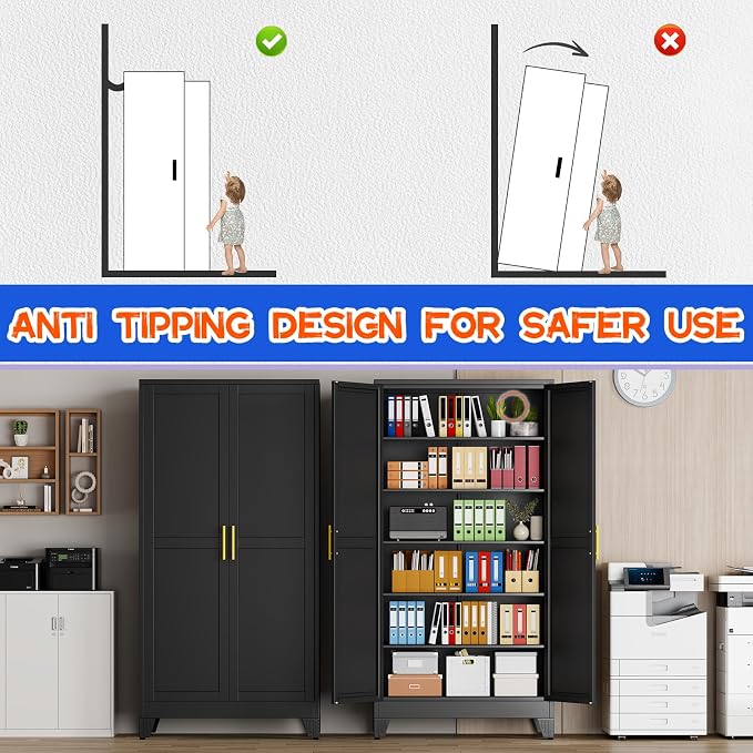 GAIOUS 79'' Tall Metal Garage Storage Cabinet, Home Office Cabinet Black | Home - Image 5