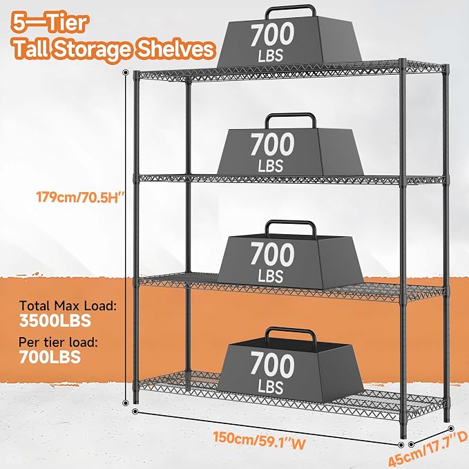 M MZG 2800LBS 59" W 4 Tiers Storage Shelves Load, Metal Shelving Wire Metal - Image 3