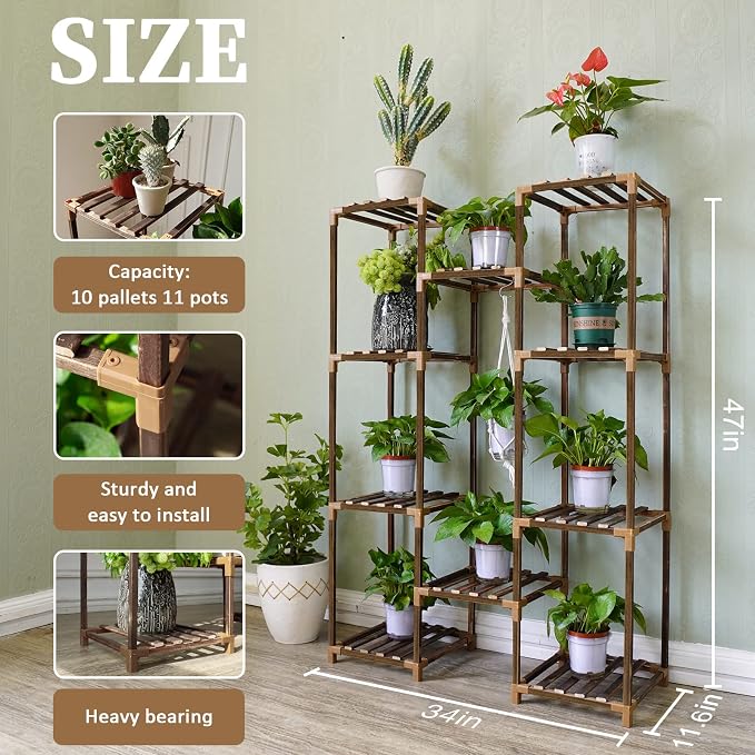 Plant Stand Indoor Outdoor, 10 Tiered Plant Shelf Wood Plant Rack | Tall Plant - Image 3