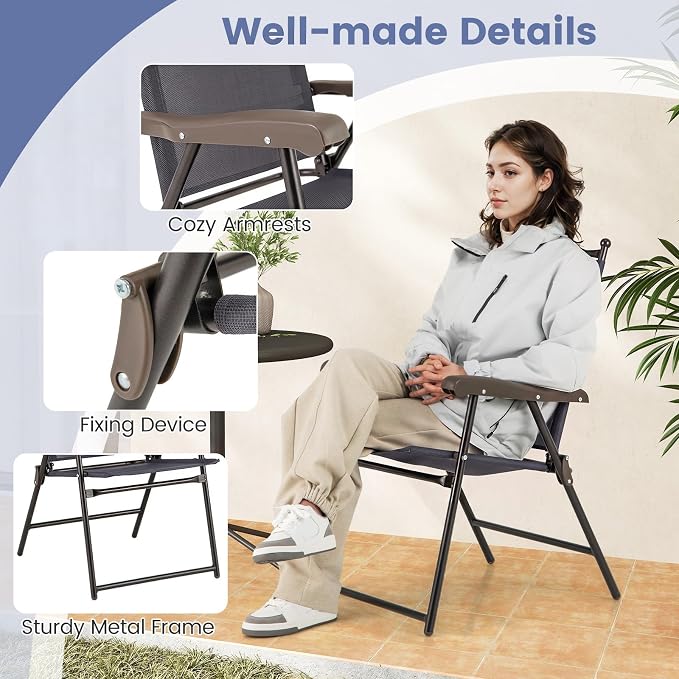 GIANTEX Set of 2 Patio Folding Chairs, Outdoor Patio Dining Chairs w/Armrest - Image 6