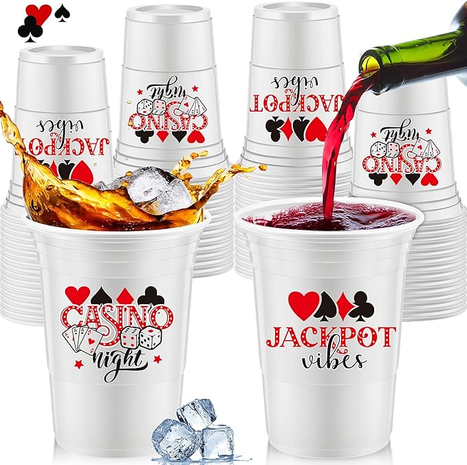 Norme 48 Pcs Casino Night Party Supplies Bulk 16 oz Casino Night Party Thick Plastic Disposable Cup Hot Cold Drink Wine Coffee for Home Casino Night Themed Holiday Party Supplies Favors