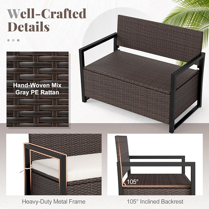 RELAX4LIFE Wicker Rattan Outdoor Storage Loveseat Bench Mix Brown Off White | - Image 7