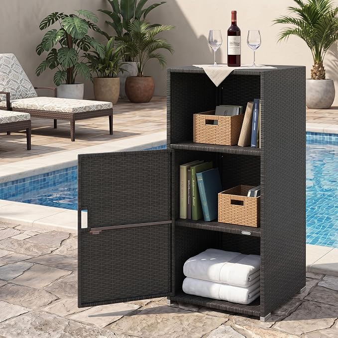 Tangkula Rattan Outdoor Storage Cabinet, Patiojoy PE Wicker Outdoor Cabinet - Image 8