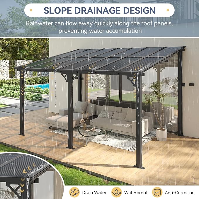10x14FT Lean to Gazebo Pergola Patio Pergolas withSloped Roof | Large Wall - Image 6