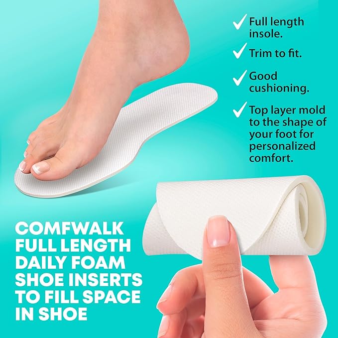 Shoe Filler Insert - Full Length Daily Latex Foam Shoe Inserts, Shoe Insoles for Shoes That are Too Big, 3 Pairs (EU 40, US Women 10 Men 7)