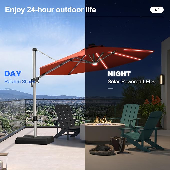 PURPLE LEAF Cantilever Patio Umbrella 11ft Round Solar LED Light, Brick Red | - Image 5