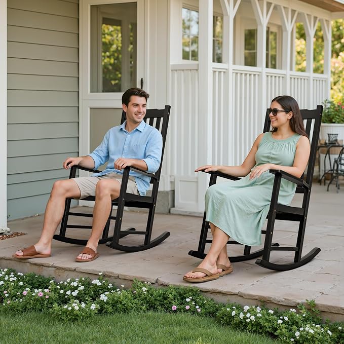 Flamaker Acacia Wood Outdoor Rocking Chairs Set of 2 | Black Rocking Chairs Set - Image 2