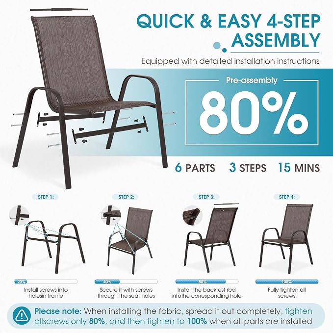24.4" Wide Outdoor Stackable Chairs Set of 6 | Stacking Patio Chairs - Image 7