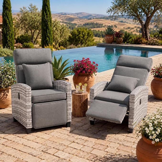 Garvee 2PCS Outdoor Wicker Recliner Chair, 145° Adjustable Backrest & Footrest by Garvee