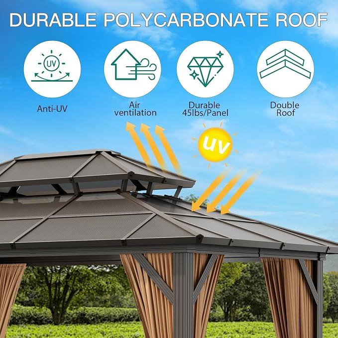 GAOMON 10'x12' Hardtop Gazebo, Outdoor Polycarbonate Double Roof Canopy - Image 6
