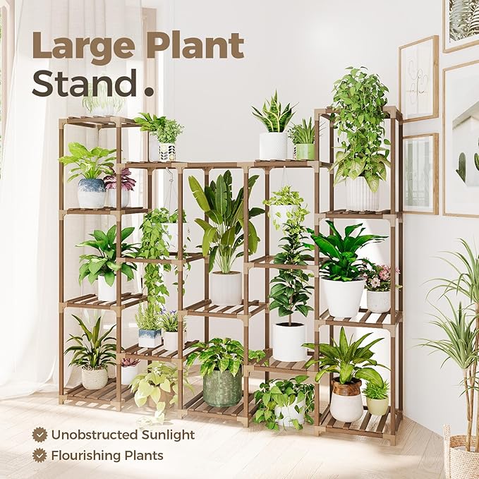 Bamworld Large Hanging Plant Stand Indoor Tall Plant Shelf Outdoor 14 Pots | - Image 4