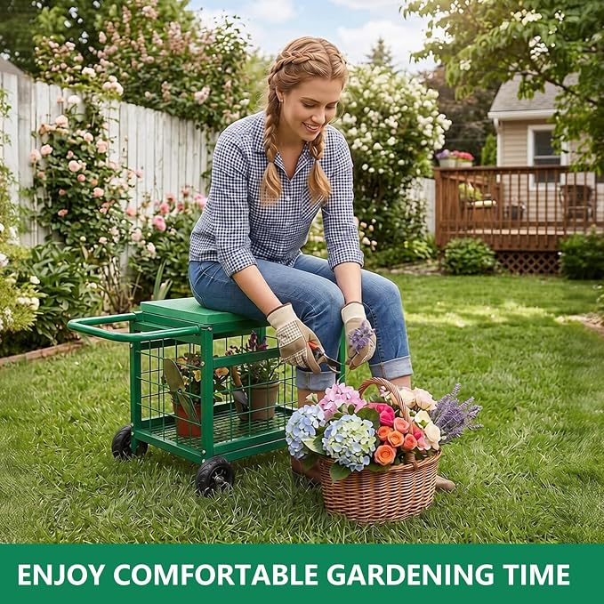 Garden Seat with Wheels, Rolling Garden Stool Heavy Duty Gardening Cart with - Image 2