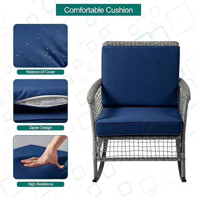 DECMICO 3-Piece Wicker Rocking Chair Set, Outdoor Patio Furniture | Navy - Image 7