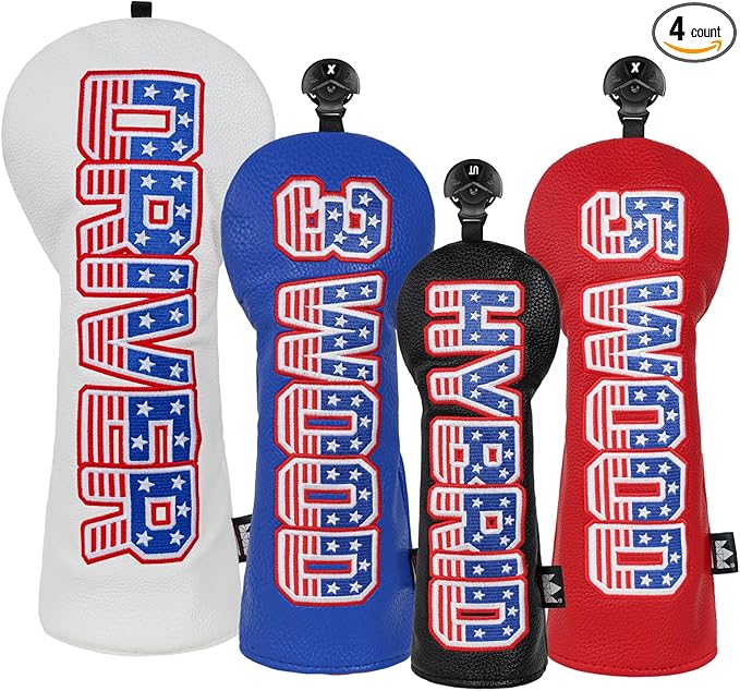 Craftsman Golf Headcover Set for Driver 3 5 Fairway Wood Hybrid Golf Club Head Cover, USA Flag Old Glory Design Golf Club Covers,Interchangeable Number Tag Offered