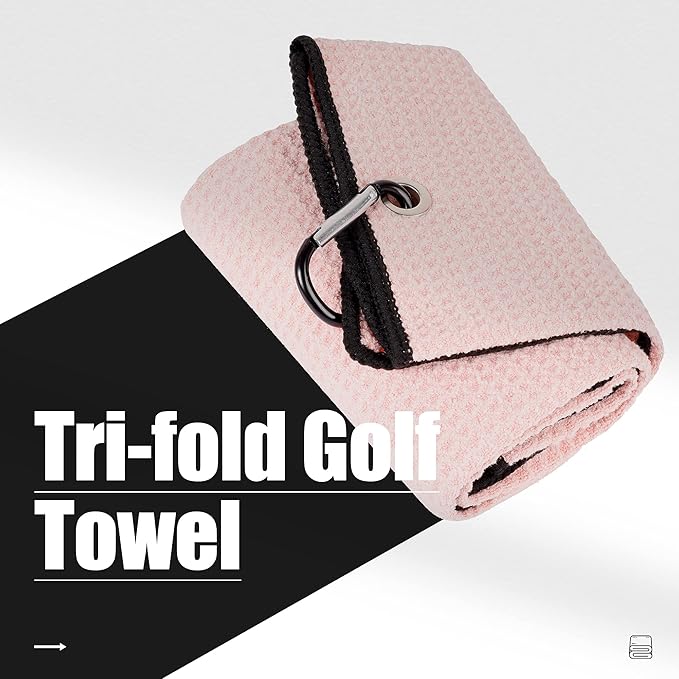 Mile High Life Tri-fold Golf Towel | 16" X 24" | Premium Microfiber Fabric | Waffle Pattern | with Heavy Duty Carabiner Clip | for Men and Women (2 Pack Pink)