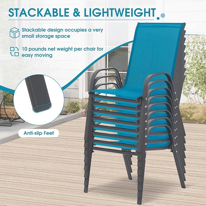 24.4" Wide Outdoor Stackable Chairs Set of 8 | Stacking Patio Chairs - Image 6