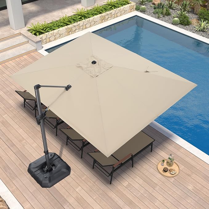 PURPLE LEAF Cantilever Umbrella 9' x 11.5' Rectangle 360° Rotation Beige | - Image 2