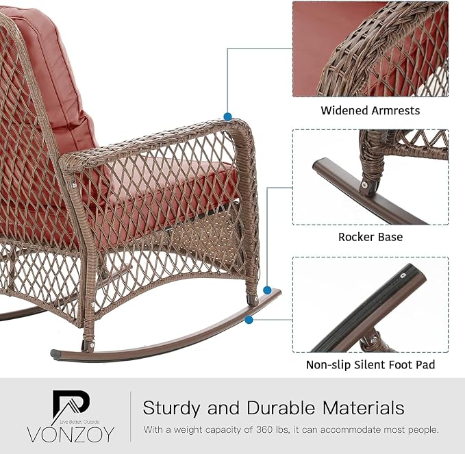 Patio Furniture Set 3 Pieces, Wicker Outdoor Rocking Bistro Set, Backyard or - Image 4