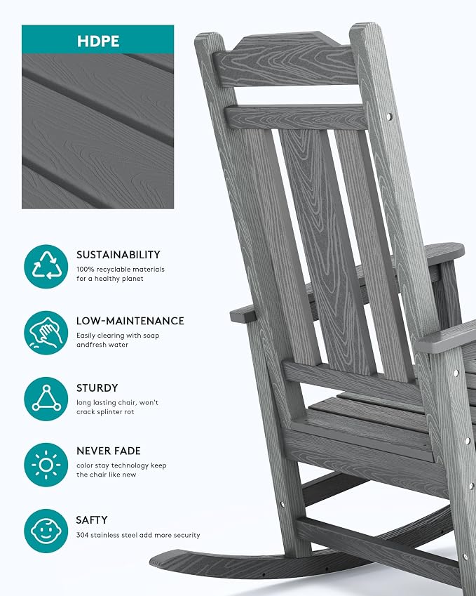 SERWALL Outdoor Rocking Chair, HDPE Rocking Chair Outdoor, Unique Gray - Image 6