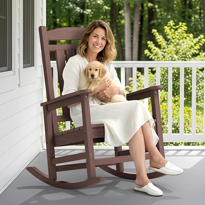 SERWALL Rocking Chair Outdoor, Oversized HDPE Patio Rocking Chairs, Coffee | - Image 2