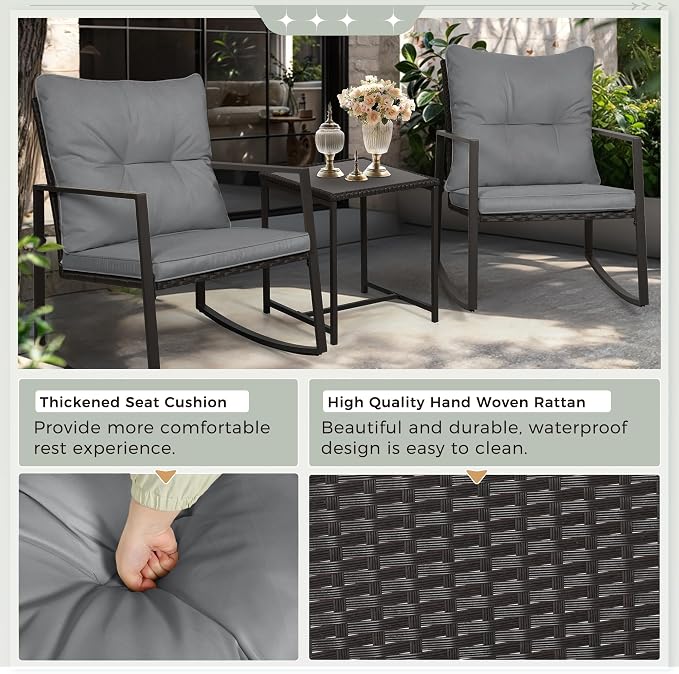 SUNCROWN 3 Piece Outdoor Rocking Bistro Set Black Wicker Furniture Porch Chairs - Image 7