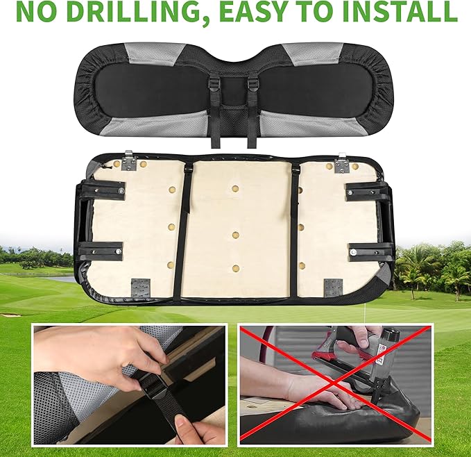 10L0L Golf Cart Seat Covers Kit - Universal Fit for EZGO TXT/RXV Front Seats | Breathable Mesh Fabric | Easy Installation | Black & Beige (No Staples Required)