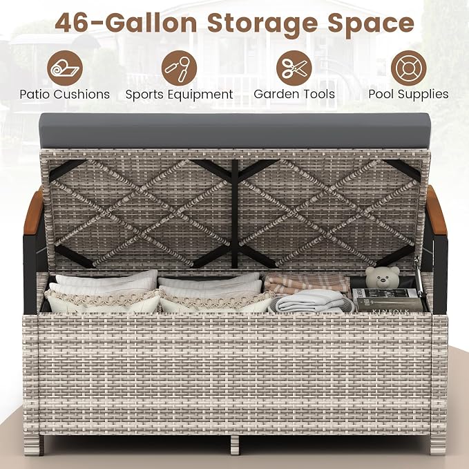 RELAX4LIFE Wicker Outdoor Storage Bench, Rattan Deck Box | 46 Gallon Mix Grey - Image 3
