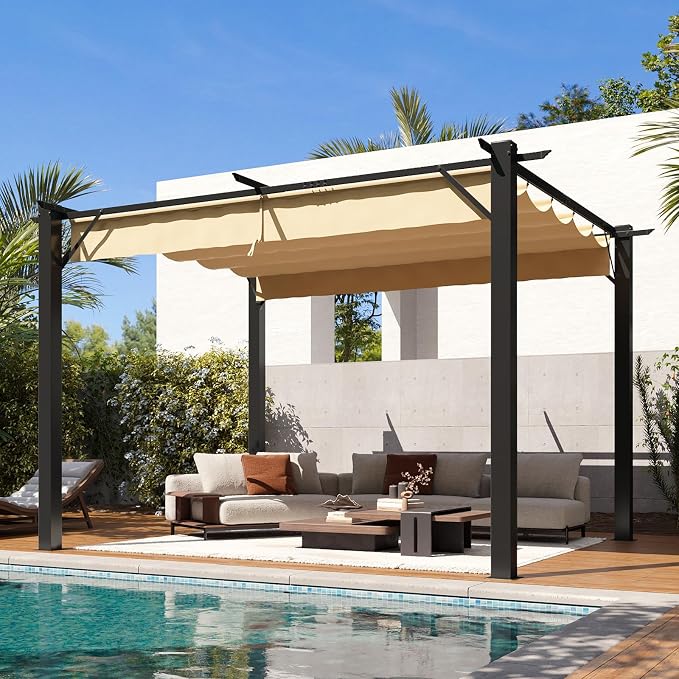 Aoxun 10'x12' Outdoor Retractable Pergola, Upgraded Adjustable Sun Shade Canopy by Aoxun