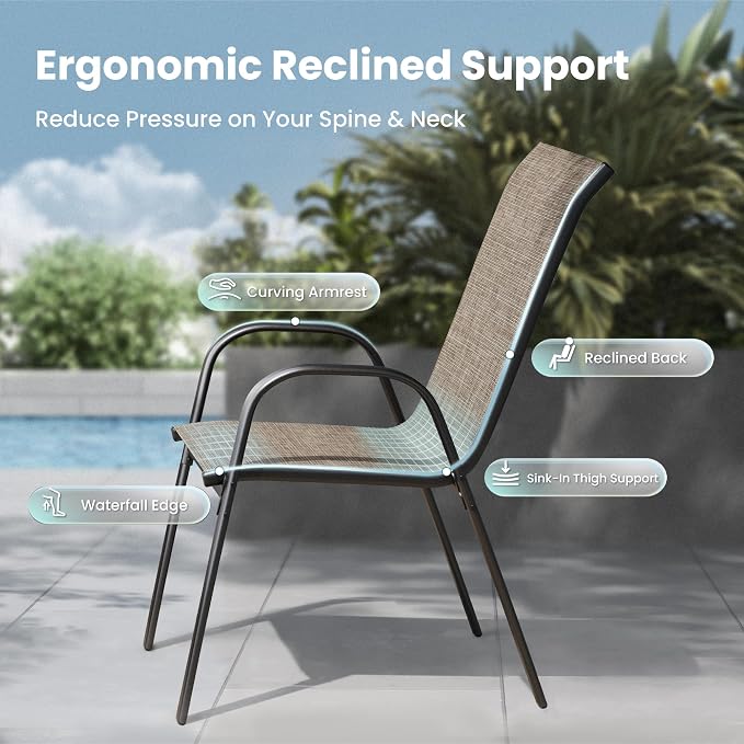 PHI VILLA Outdoor Stackable Dining Chair Set of 6, Textilene Mesh & Metal | - Image 7